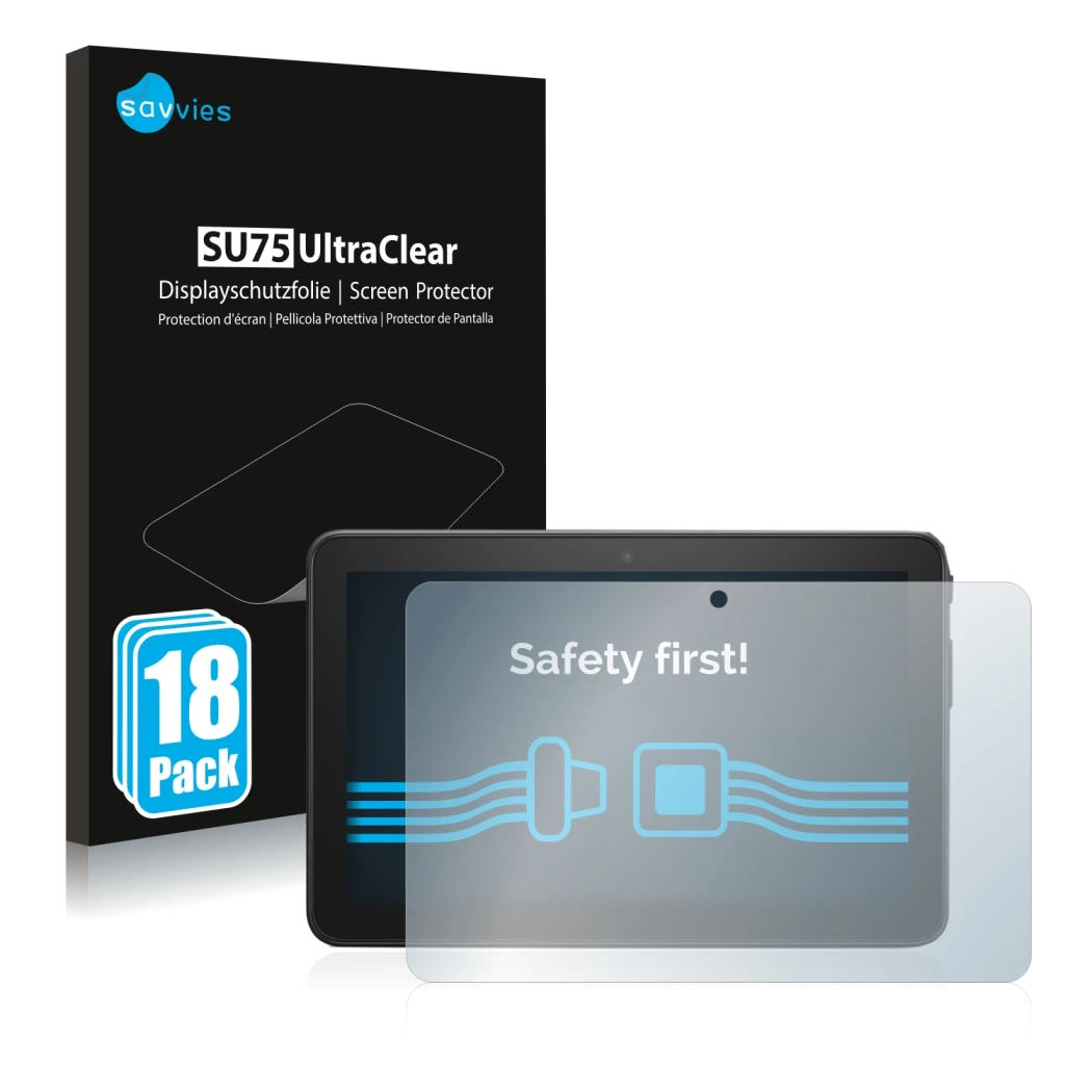 Front side of a product packaging with the brand logo Savvies. Next to it is the device Amazon Fire 7 2022 shown with the corr