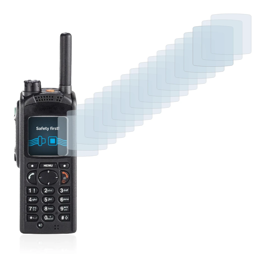 Image of the device Motorola MTP850 with a wide variety of screen protectors.