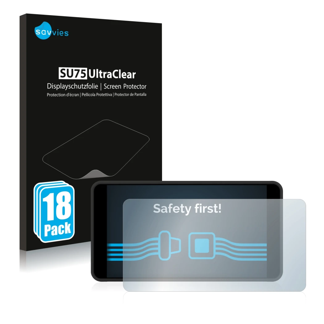 Front side of a product packaging with the brand logo Savvies. Next to it is the device Portkeys PT5 II shown with the corresp
