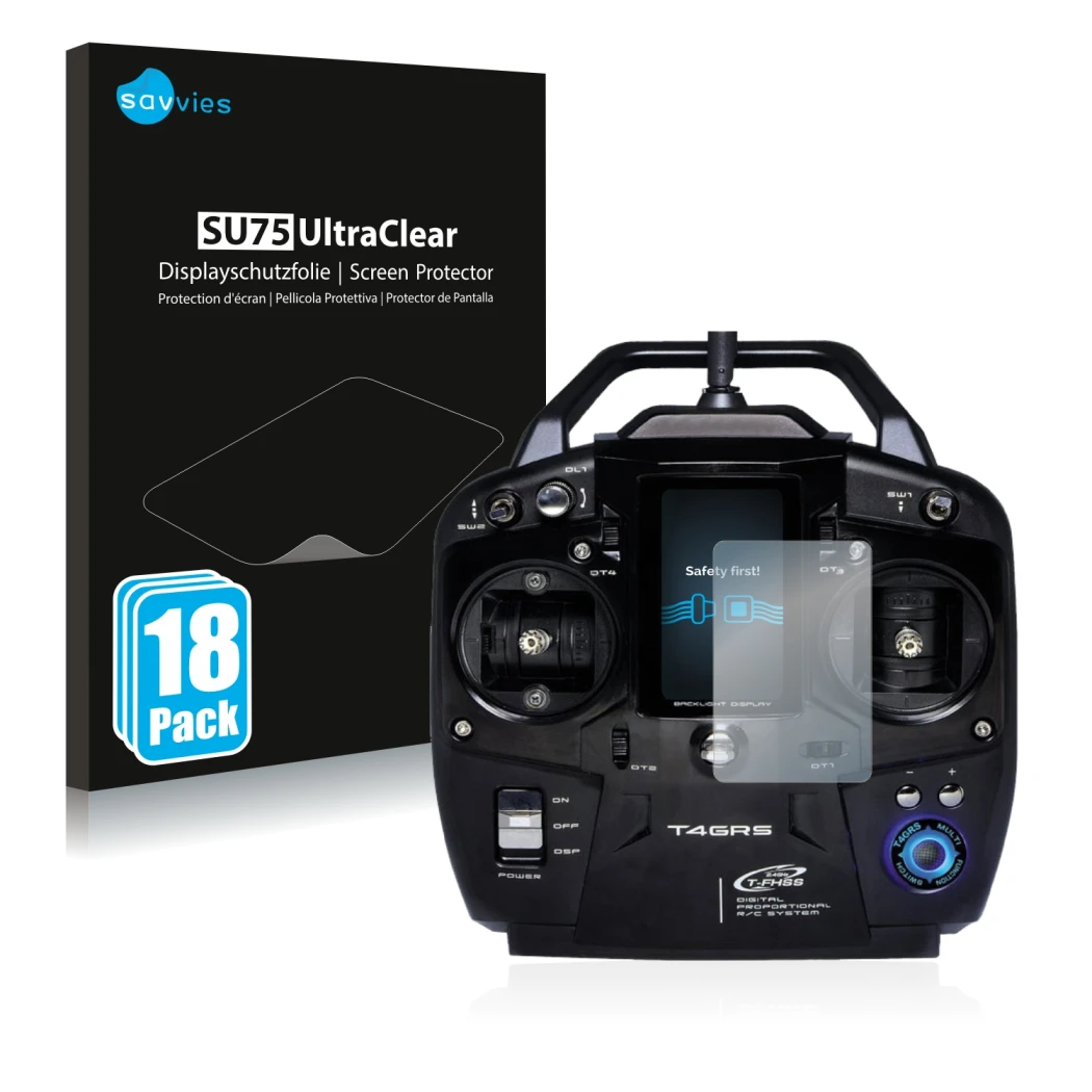 Front side of a product packaging with the brand logo Savvies. Next to it is the device Futaba T4GRS shown with the correspond