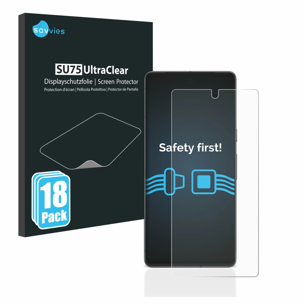 Front side of a product packaging with the brand logo Savvies. Next to it is the device Google Pixel 7 shown with the correspo