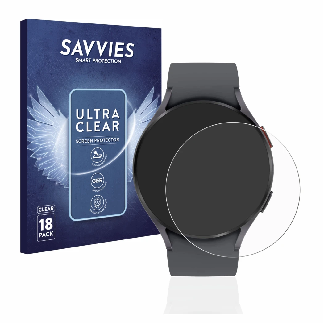 Front side of a product packaging with the brand logo Savvies. Next to it is the device Samsung Galaxy Watch 5 (44mm) shown wi