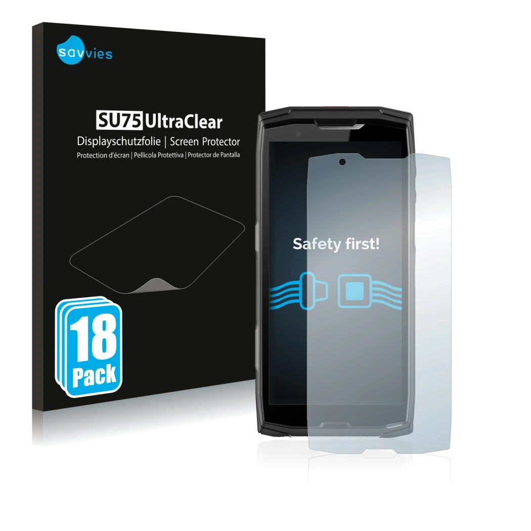 Front side of a product packaging with the brand logo Savvies. Next to it is the device Crosscall Core-X5 shown with the corre