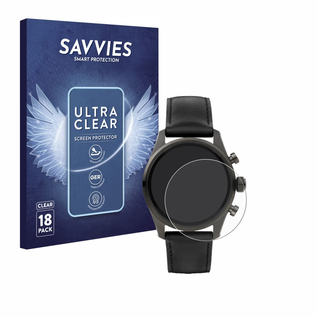Front side of a product packaging with the brand logo Savvies. Next to it is the device Montblanc Summit 3 shown with the corr