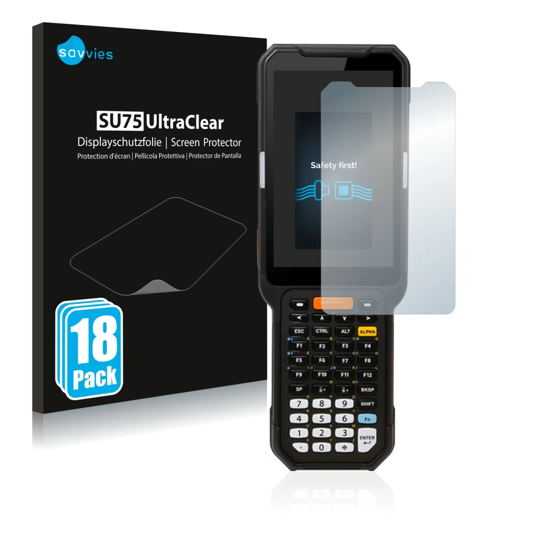 Front side of a product packaging with the brand logo Savvies. Next to it is the device Point Mobile PM451 shown with the corr