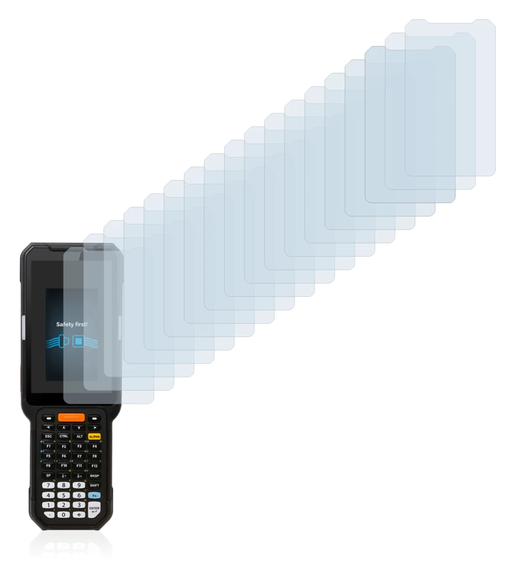 Image of the device Point Mobile PM451 with a wide variety of screen protectors.