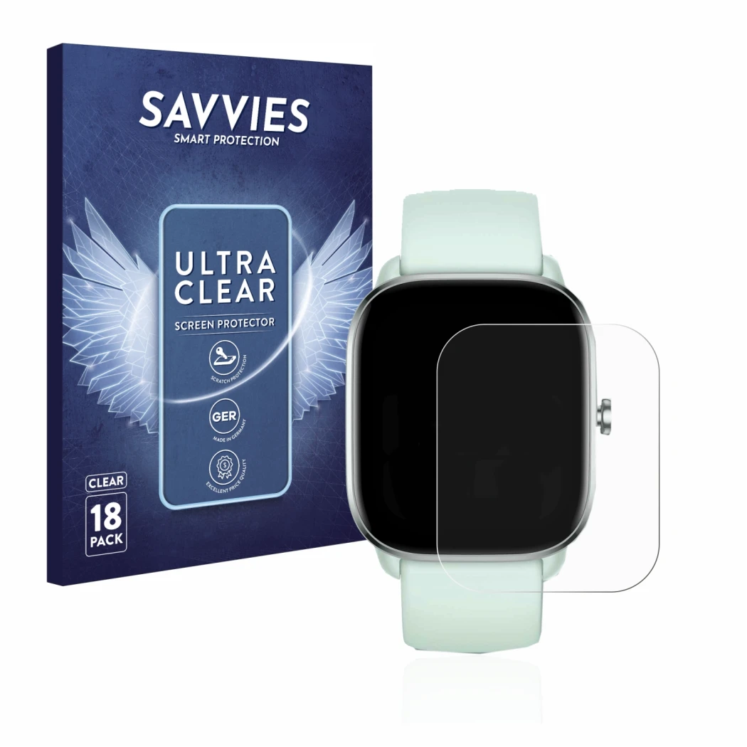 Front side of a product packaging with the brand logo Savvies. Next to it is the device Huami Amazfit GTS 4 Mini shown with th