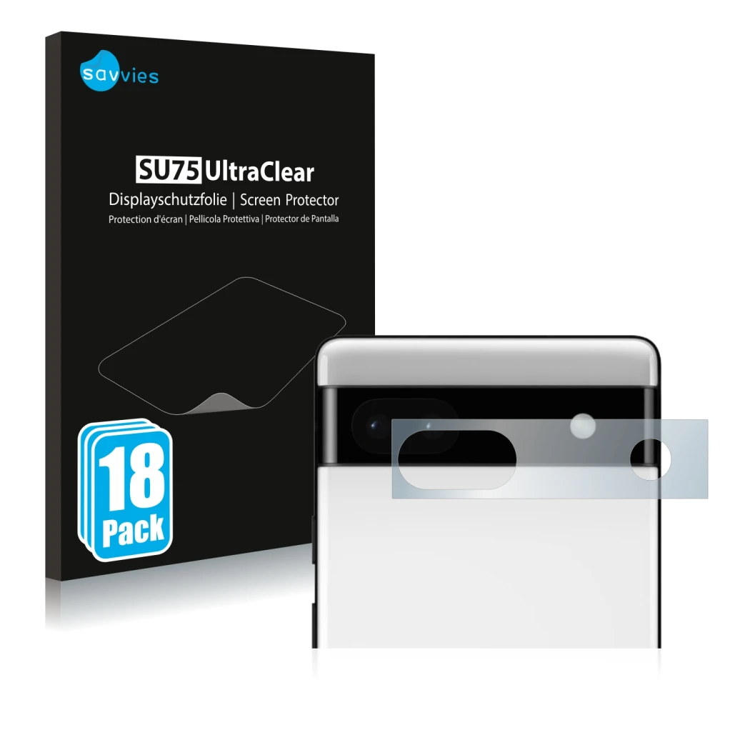 Front side of a product packaging with the brand logo Savvies. Next to it is the device Google Pixel 6a (ONLY Camera Lens) sho