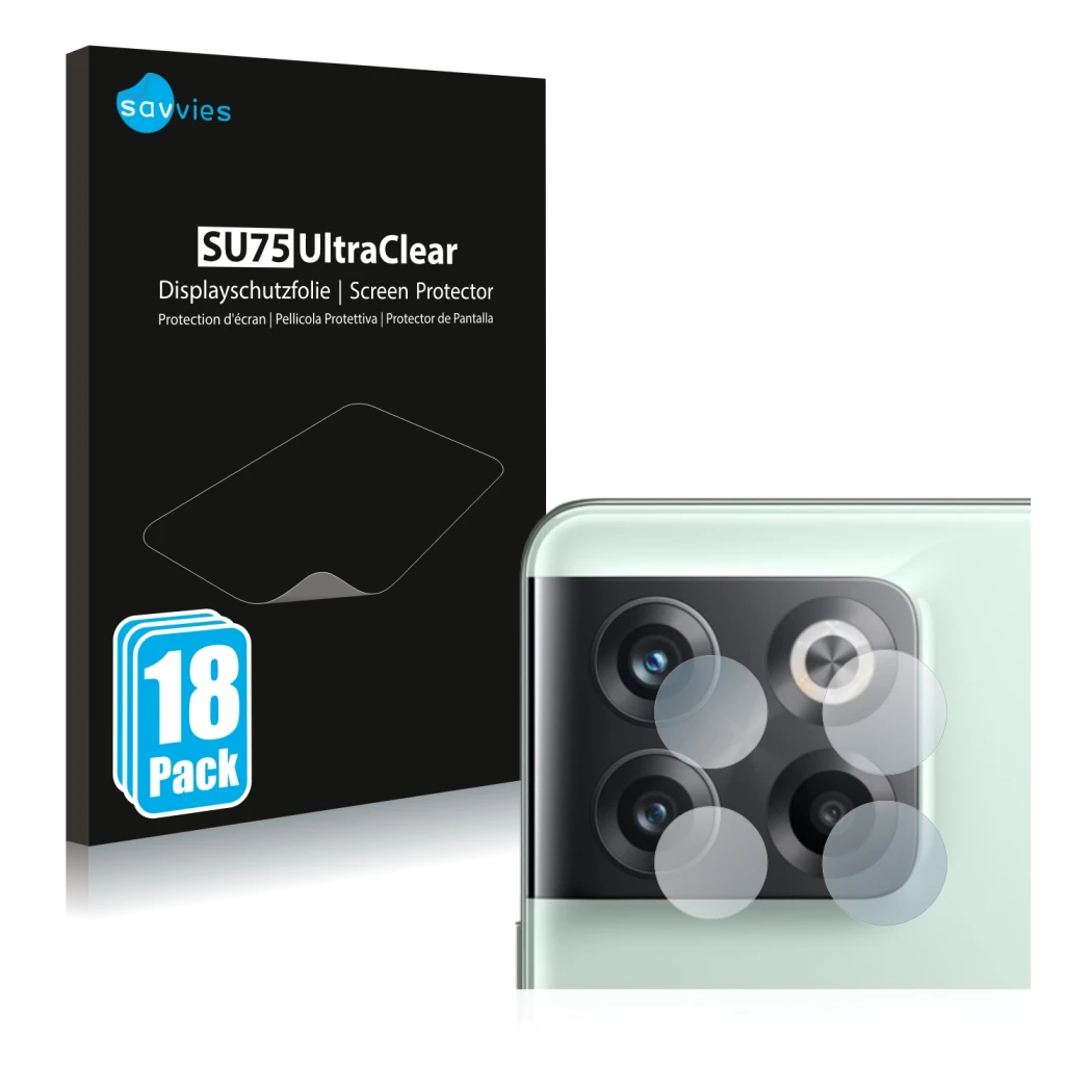 Front side of a product packaging with the brand logo Savvies. Next to it is the device OnePlus 10T 5G (ONLY Camera Lens) show