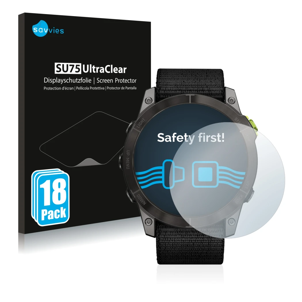 Front side of a product packaging with the brand logo Savvies. Next to it is the device Garmin Enduro 2 shown with the corresp