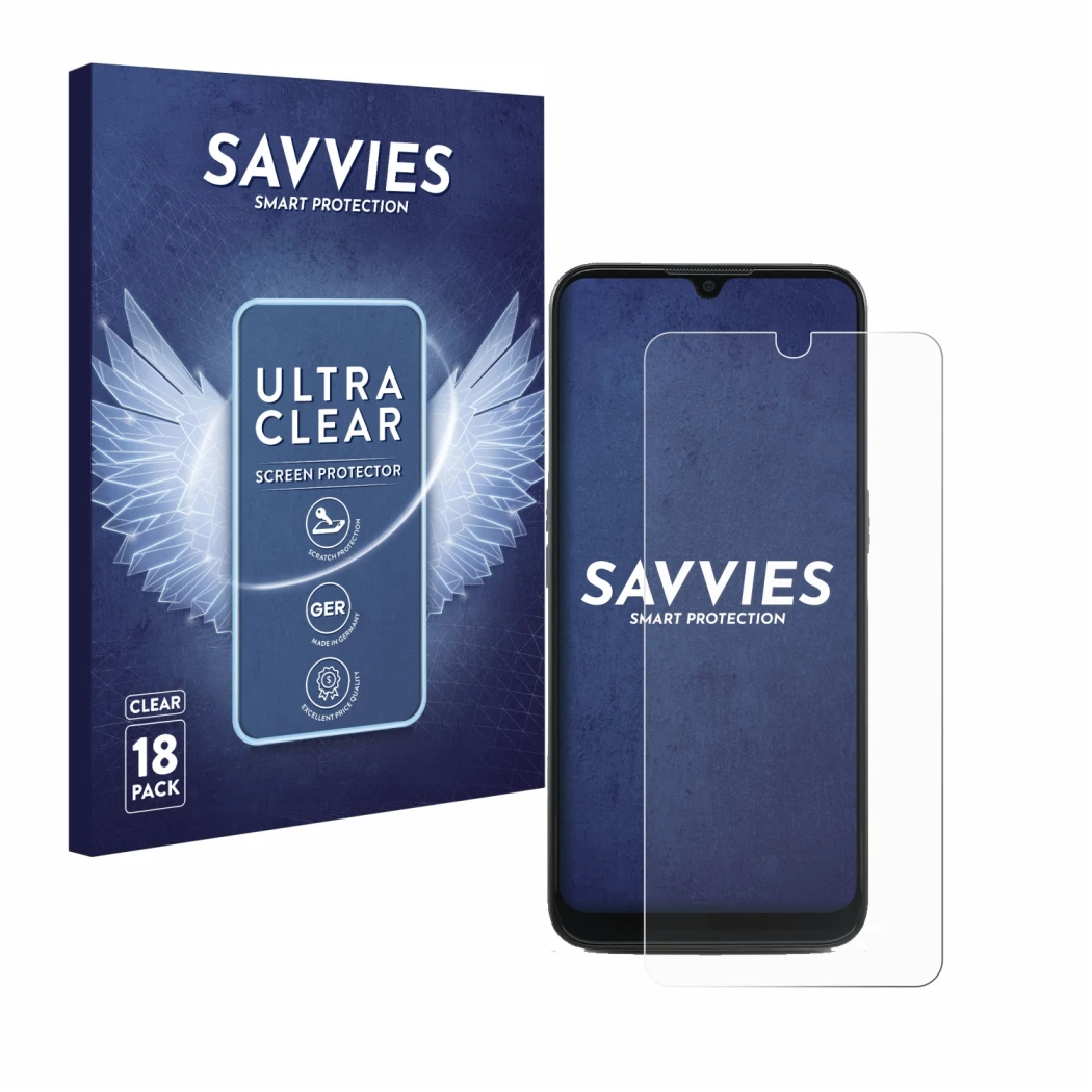 Front side of a product packaging with the brand logo Savvies. Next to it is the device Doro 8100 shown with the corresponding