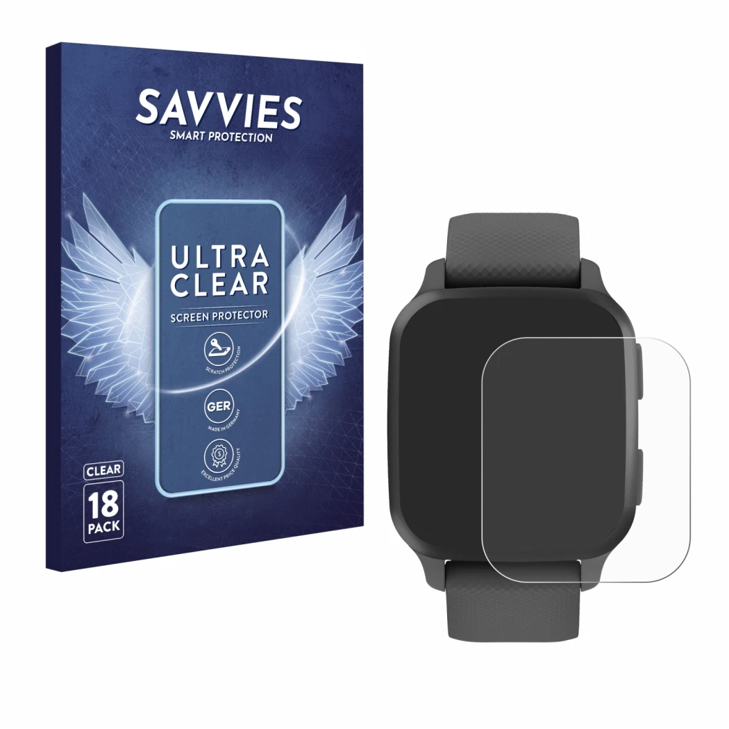 Front side of a product packaging with the brand logo Savvies. Next to it is the device Garmin Venu Sq 2 shown with the corres