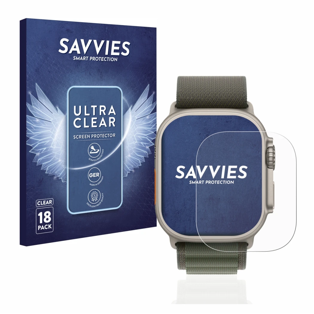 Front side of a product packaging with the brand logo Savvies. Next to it is the device Apple Watch Ultra (49 mm) shown with t
