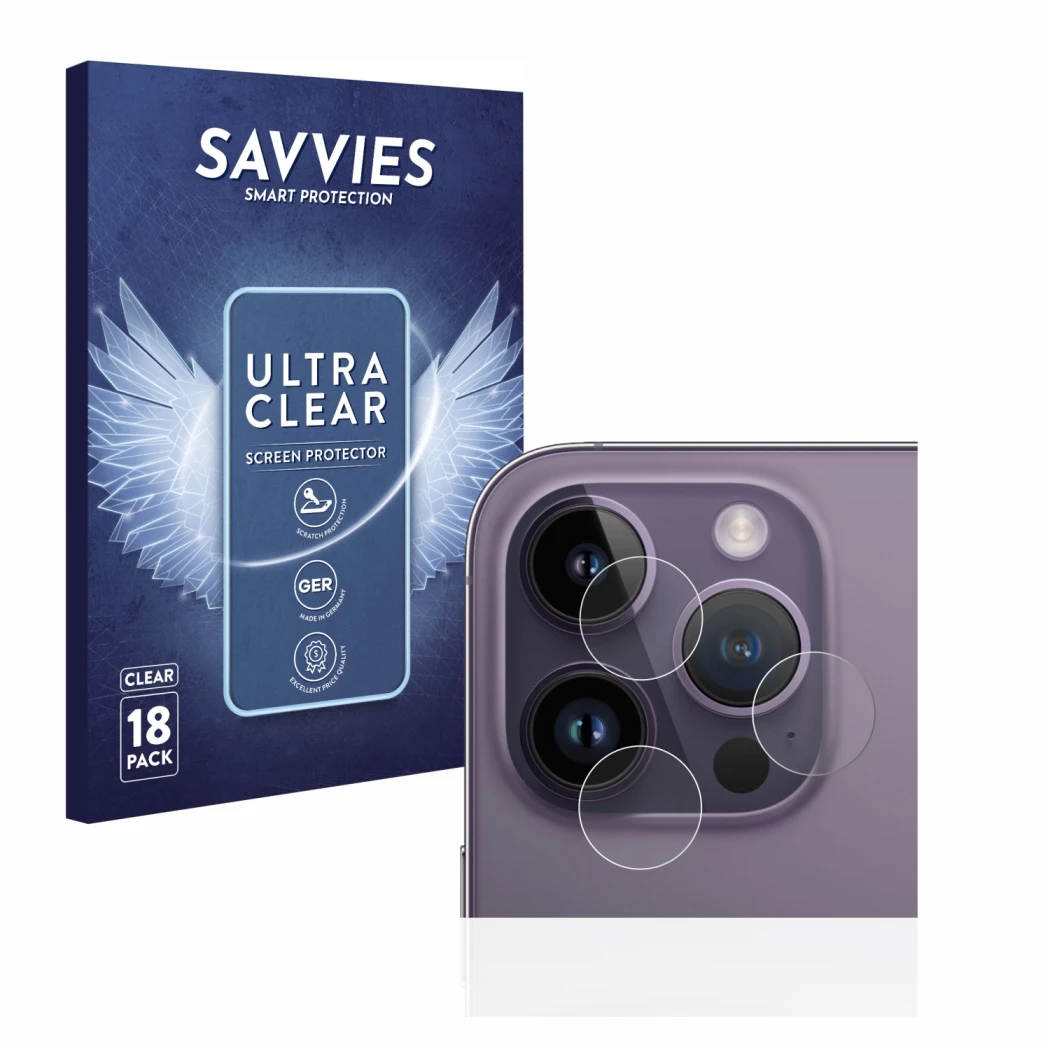 Front side of a product packaging with the brand logo Savvies. Next to it is the device Apple iPhone 14 Pro (ONLY Camera Lens)