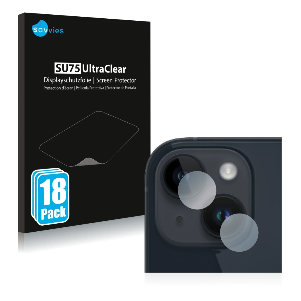 Front side of a product packaging with the brand logo Savvies. Next to it is the device Apple iPhone 14 Plus (ONLY Camera Lens