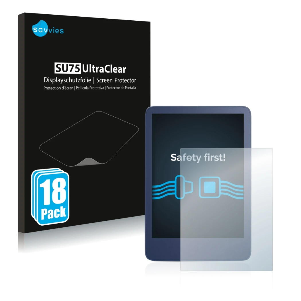 Front side of a product packaging with the brand logo Savvies. Next to it is the device Amazon Kindle Reader 2022 shown with t