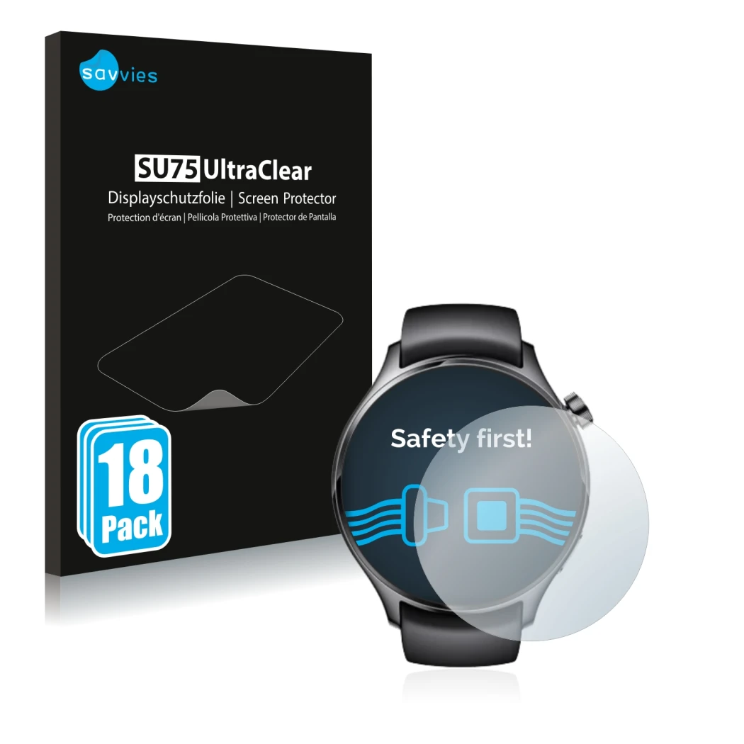 Front side of a product packaging with the brand logo Savvies. Next to it is the device Xiaomi Watch S1 Pro shown with the cor