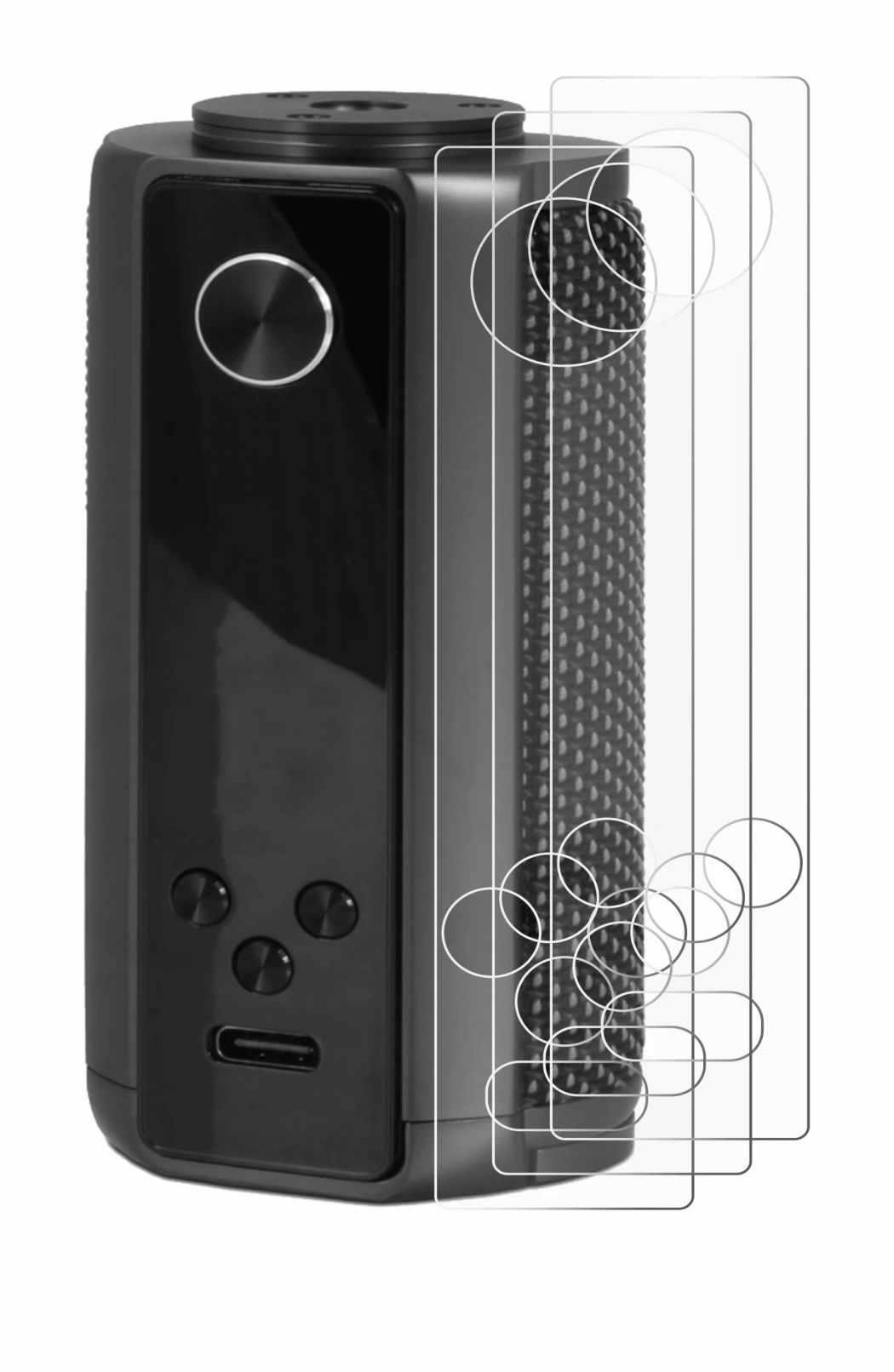 Image of the device Vaporesso Target 200 Mod with a wide variety of screen protectors.