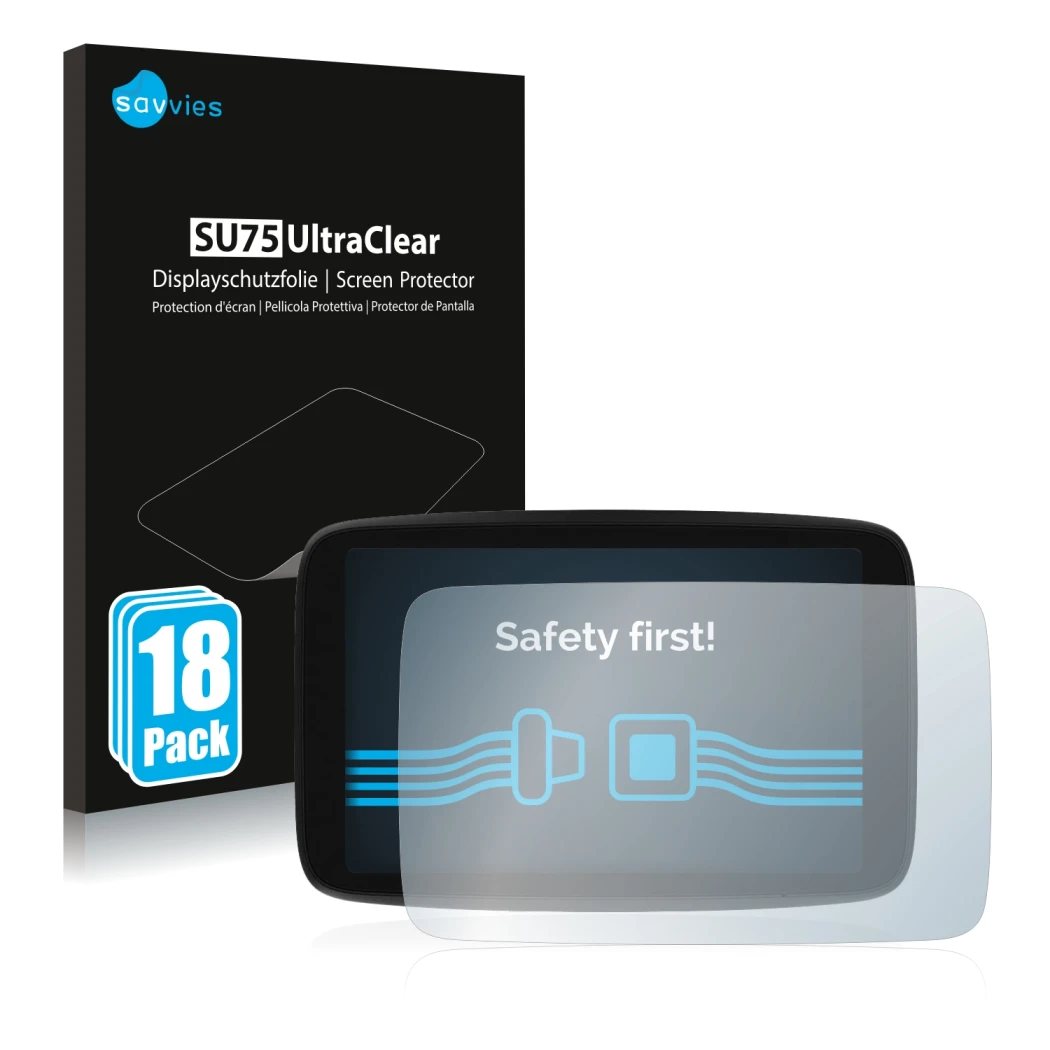 Front side of a product packaging with the brand logo Savvies. Next to it is the device TomTom GO Camper Max shown with the co