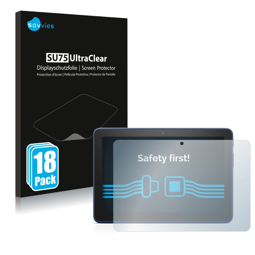 Front side of a product packaging with the brand logo Savvies. Next to it is the device Amazon Fire HD 8 2022 shown with the c
