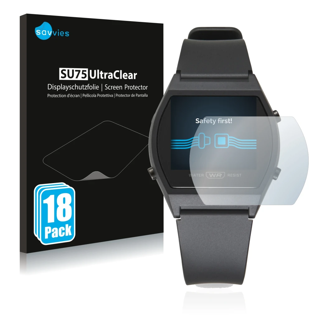 Front side of a product packaging with the brand logo Savvies. Next to it is the device Casio LW-204-1BEF shown with the corre