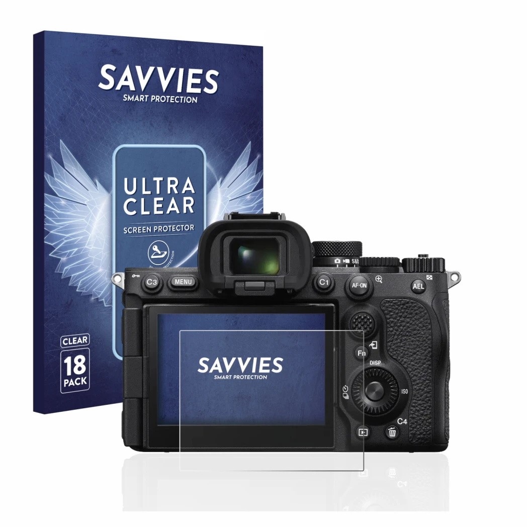 Front side of a product packaging with the brand logo Savvies. Next to it is the device Sony Alpha 7R V / a7R V shown with the