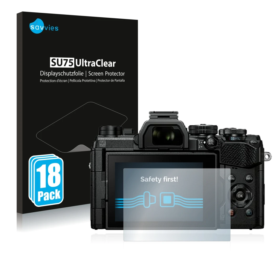 Front side of a product packaging with the brand logo Savvies. Next to it is the device Olympus OM System OM-5 shown with the 