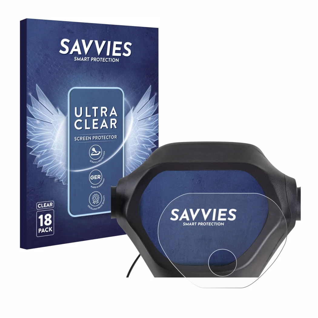 Front side of a product packaging with the brand logo Savvies. Next to it is the device Epowerfun ePF-2 shown with the corresp