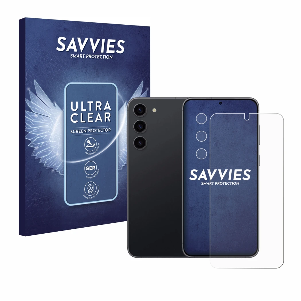 Front side of a product packaging with the brand logo Savvies. Next to it is the device Samsung Galaxy S23 (Front+Camera) show