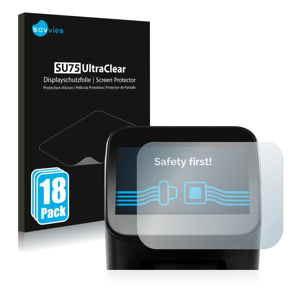 Front side of a product packaging with the brand logo Savvies. Next to it is the device Shaper Origin Gen2 shown with the corr
