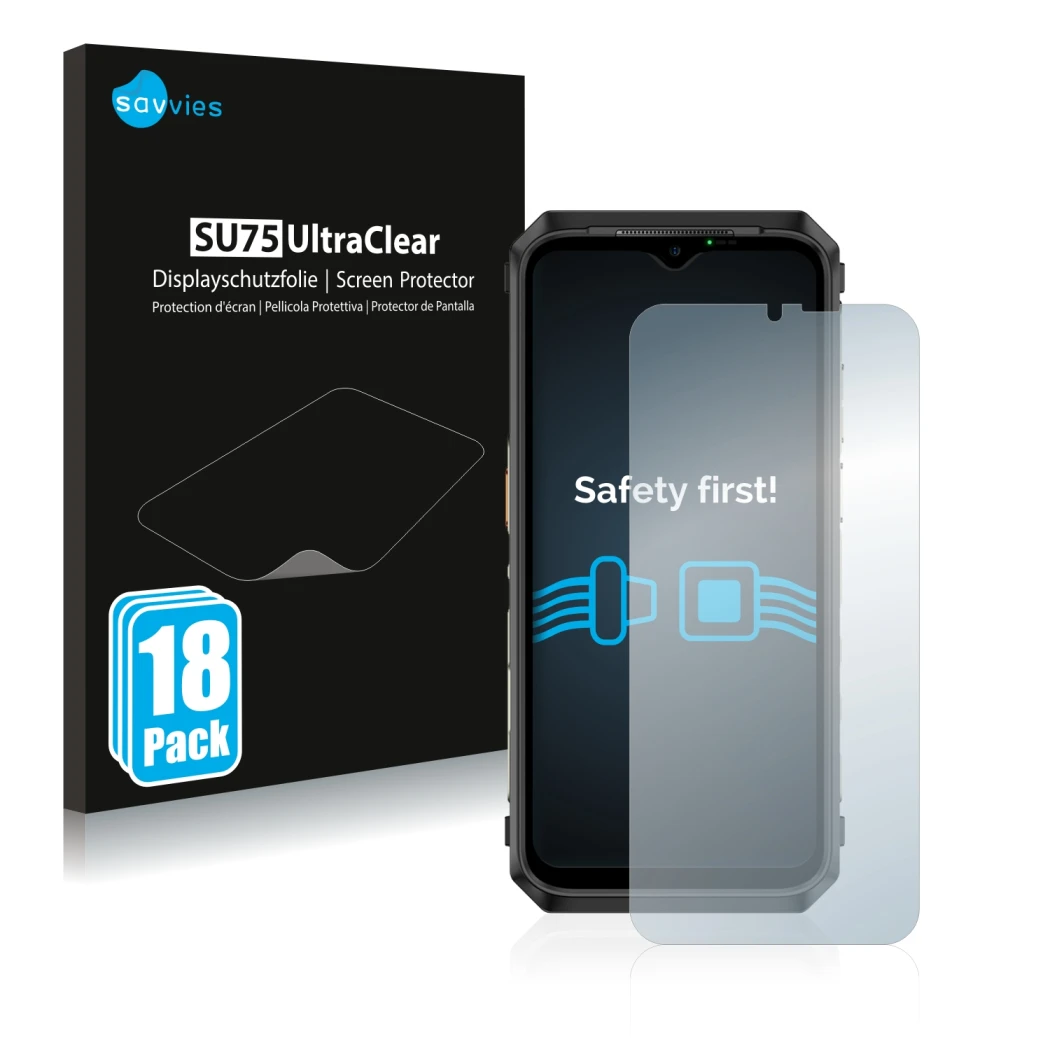 Front side of a product packaging with the brand logo Savvies. Next to it is the device Ulefone Power Armor 18T shown with the