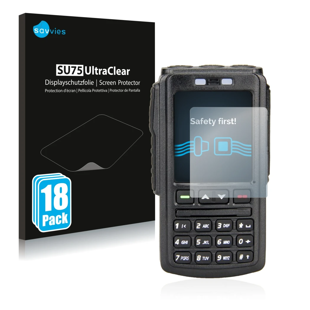 Front side of a product packaging with the brand logo Savvies. Next to it is the device AnyTone BT-01 shown with the correspon