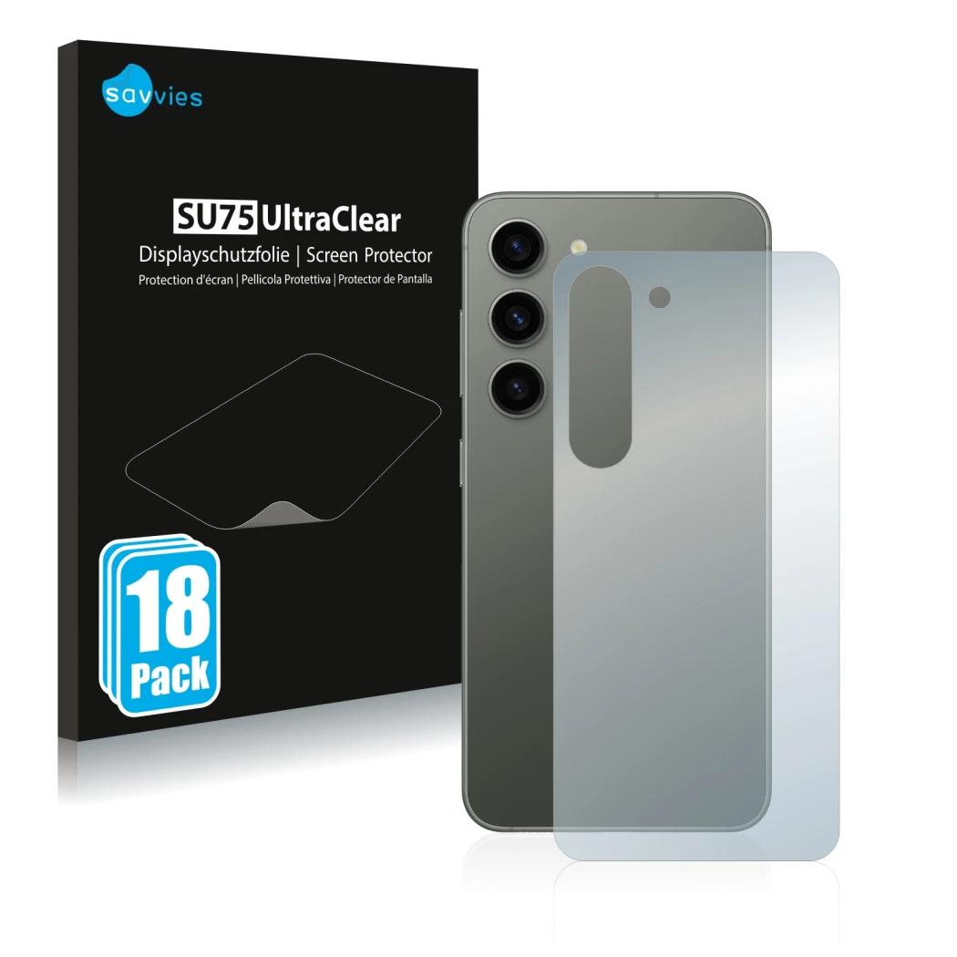 Front side of a product packaging with the brand logo Savvies. Next to it is the device Samsung Galaxy S23 (Back) shown with t