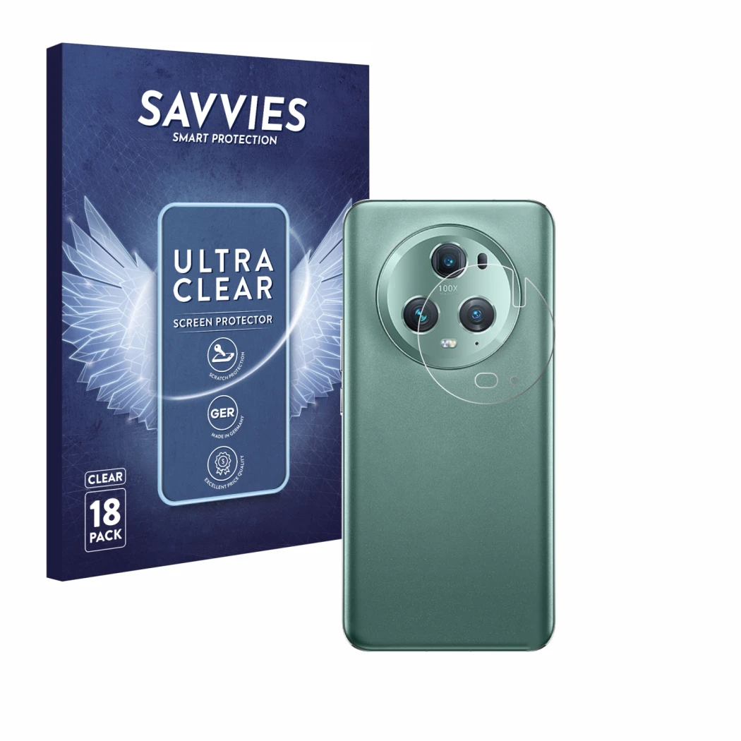 Front side of a product packaging with the brand logo Savvies. Next to it is the device Honor Magic 5 Pro (ONLY Camera Lens) s