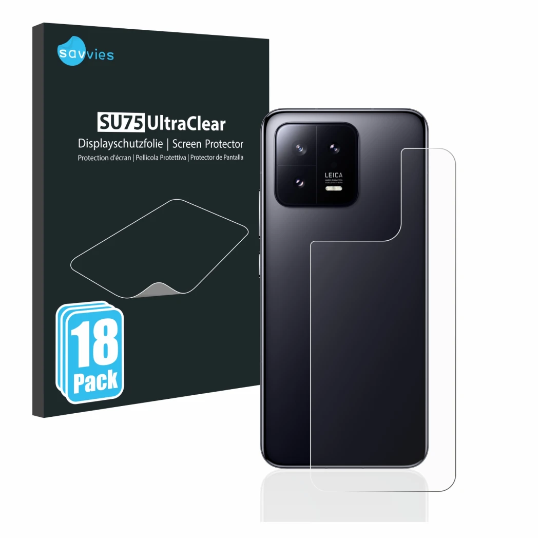 Front side of a product packaging with the brand logo Savvies. Next to it is the device Xiaomi 13 (Back) shown with the corres