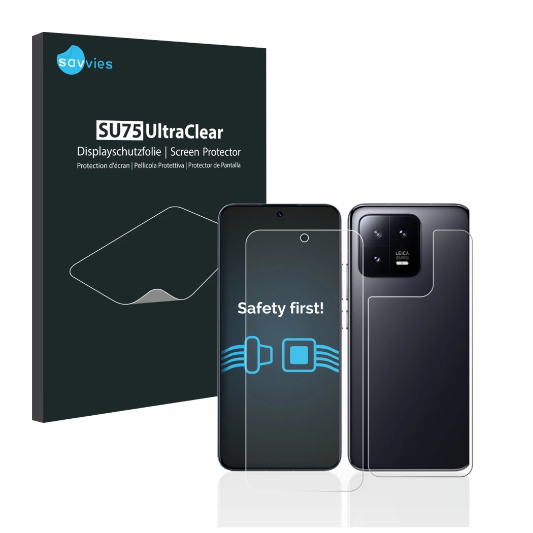 Front side of a product packaging with the brand logo Savvies. Next to it is the device Xiaomi 13 (Front+Back) shown with the 