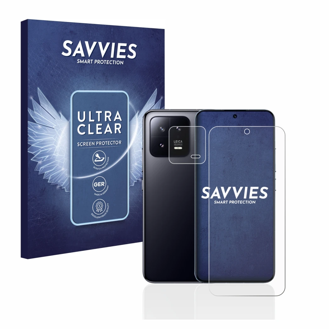 Front side of a product packaging with the brand logo Savvies. Next to it is the device Xiaomi 13 (Front+Camera) shown with th
