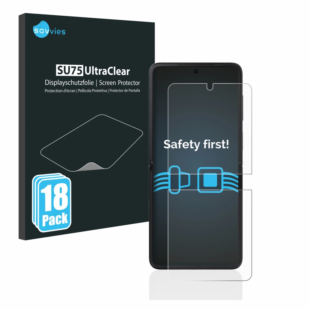 Front side of a product packaging with the brand logo Savvies. Next to it is the device Oppo Find N2 Flip shown with the corre