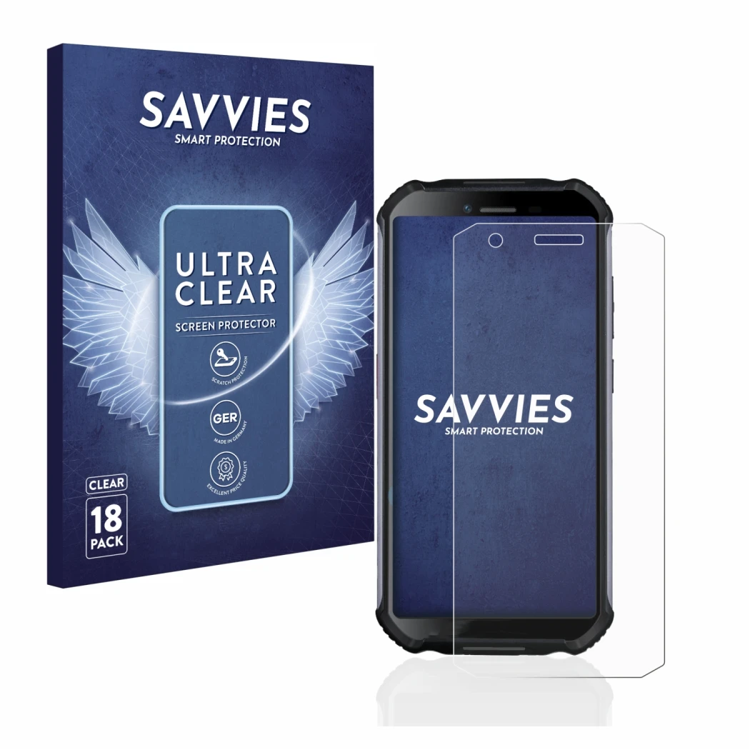 Front side of a product packaging with the brand logo Savvies. Next to it is the device Doogee S41 shown with the correspondin