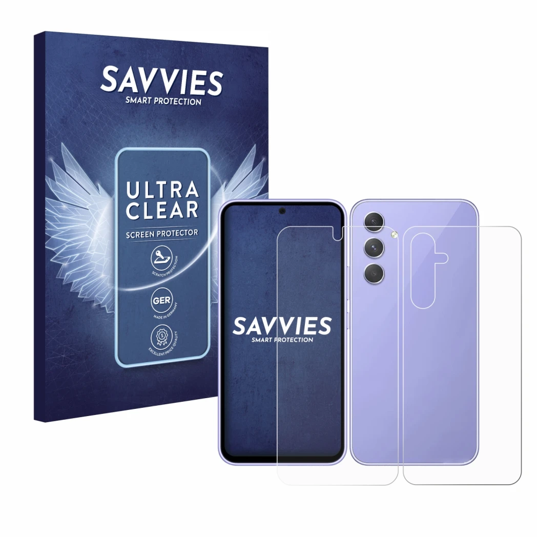 Front side of a product packaging with the brand logo Savvies. Next to it is the device Samsung Galaxy A54 5G (Front+Back) sho