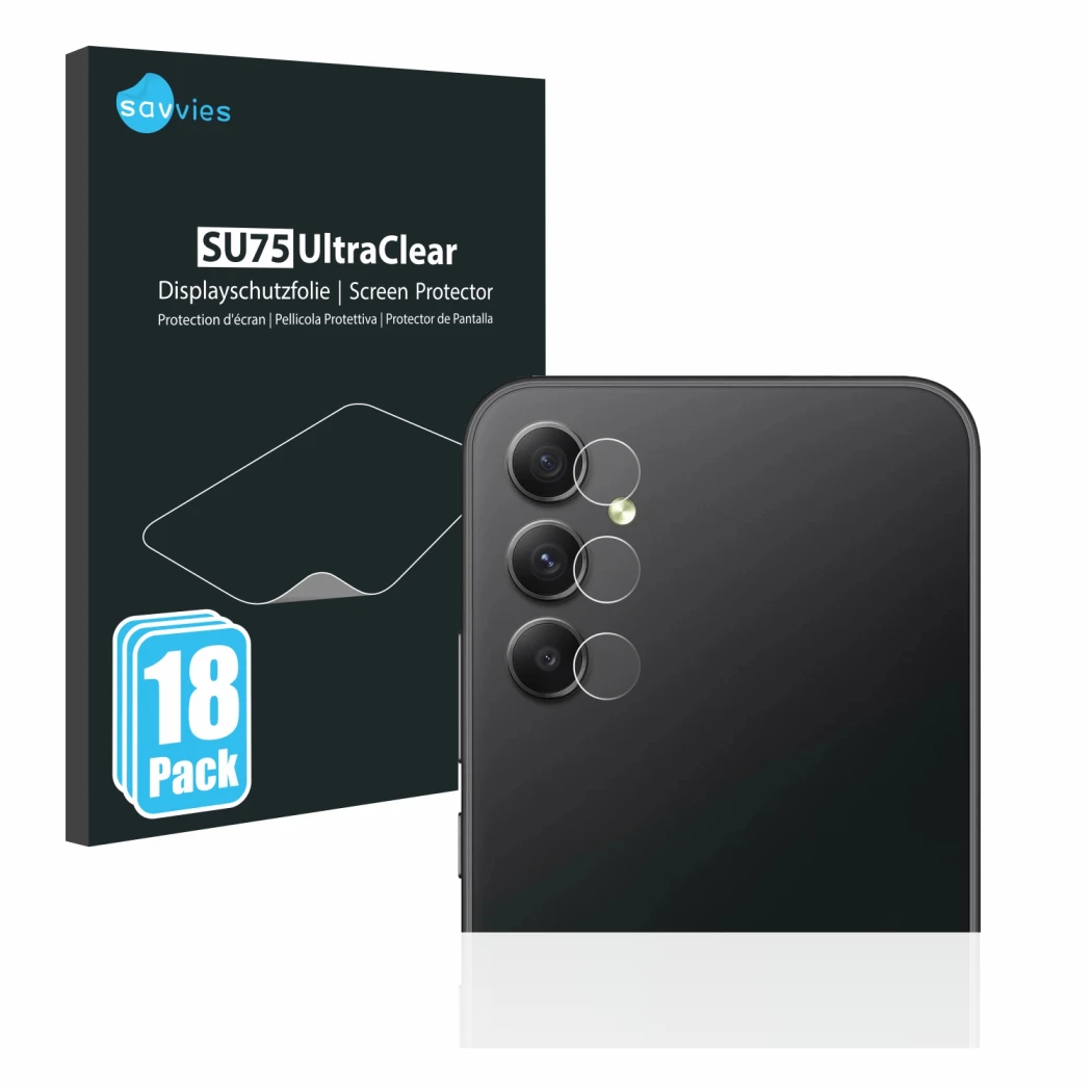 Front side of a product packaging with the brand logo Savvies. Next to it is the device Samsung Galaxy A34 5G (ONLY Camera Len