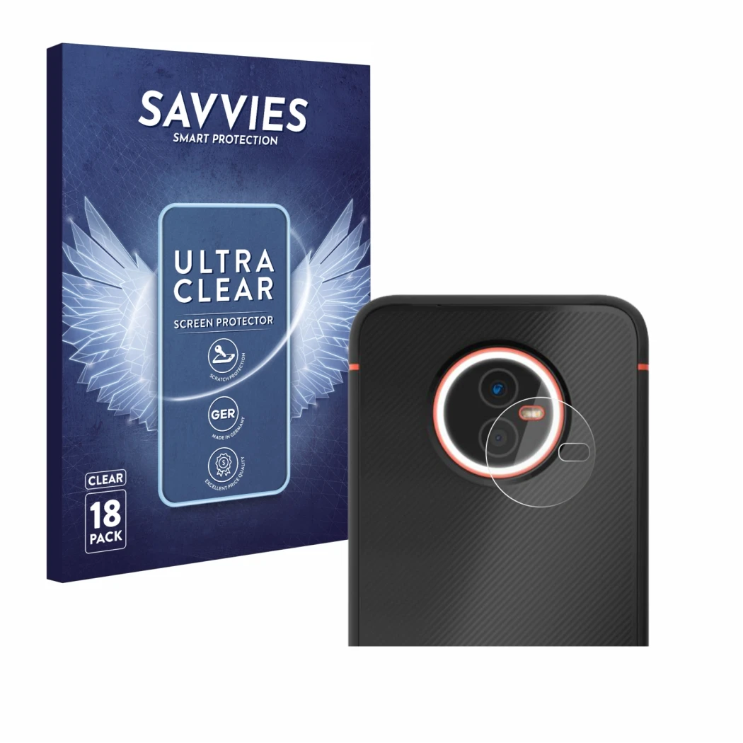 Front side of a product packaging with the brand logo Savvies. Next to it is the device Gigaset GX4 (ONLY Camera Lens) shown w