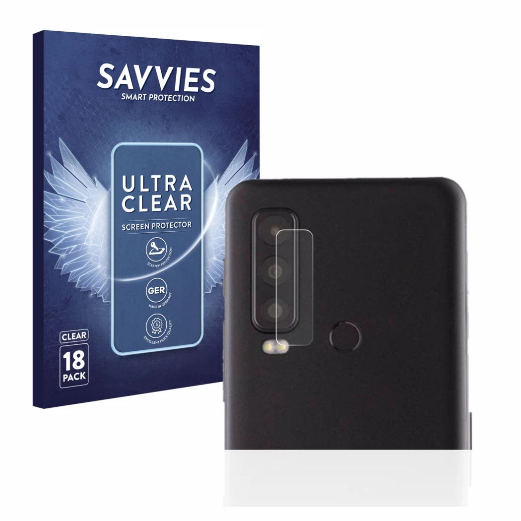 Front side of a product packaging with the brand logo Savvies. Next to it is the device Caterpillar Cat S75 (ONLY Camera Lens)