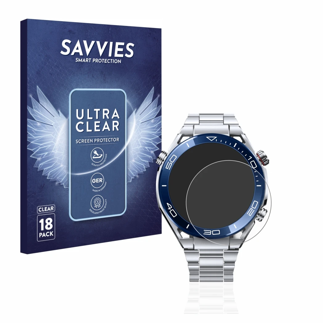 Front side of a product packaging with the brand logo Savvies. Next to it is the device Huawei Watch Ultimate (48.5 mm) shown 