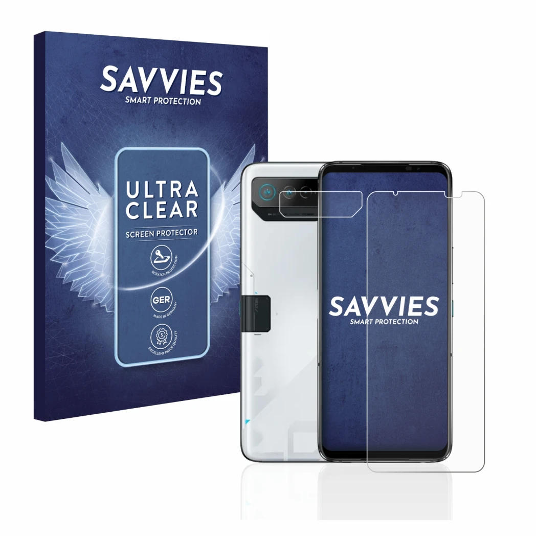 Front side of a product packaging with the brand logo Savvies. Next to it is the device ASUS ROG Phone 7 (Front+Camera) shown 