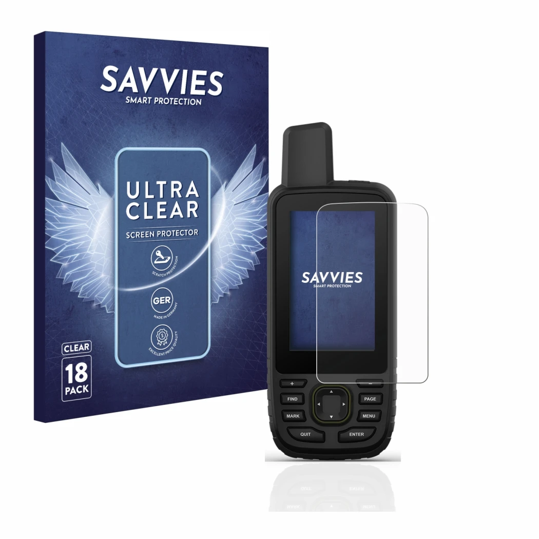 Front side of a product packaging with the brand logo Savvies. Next to it is the device Garmin GPSMAP 67 shown with the corres