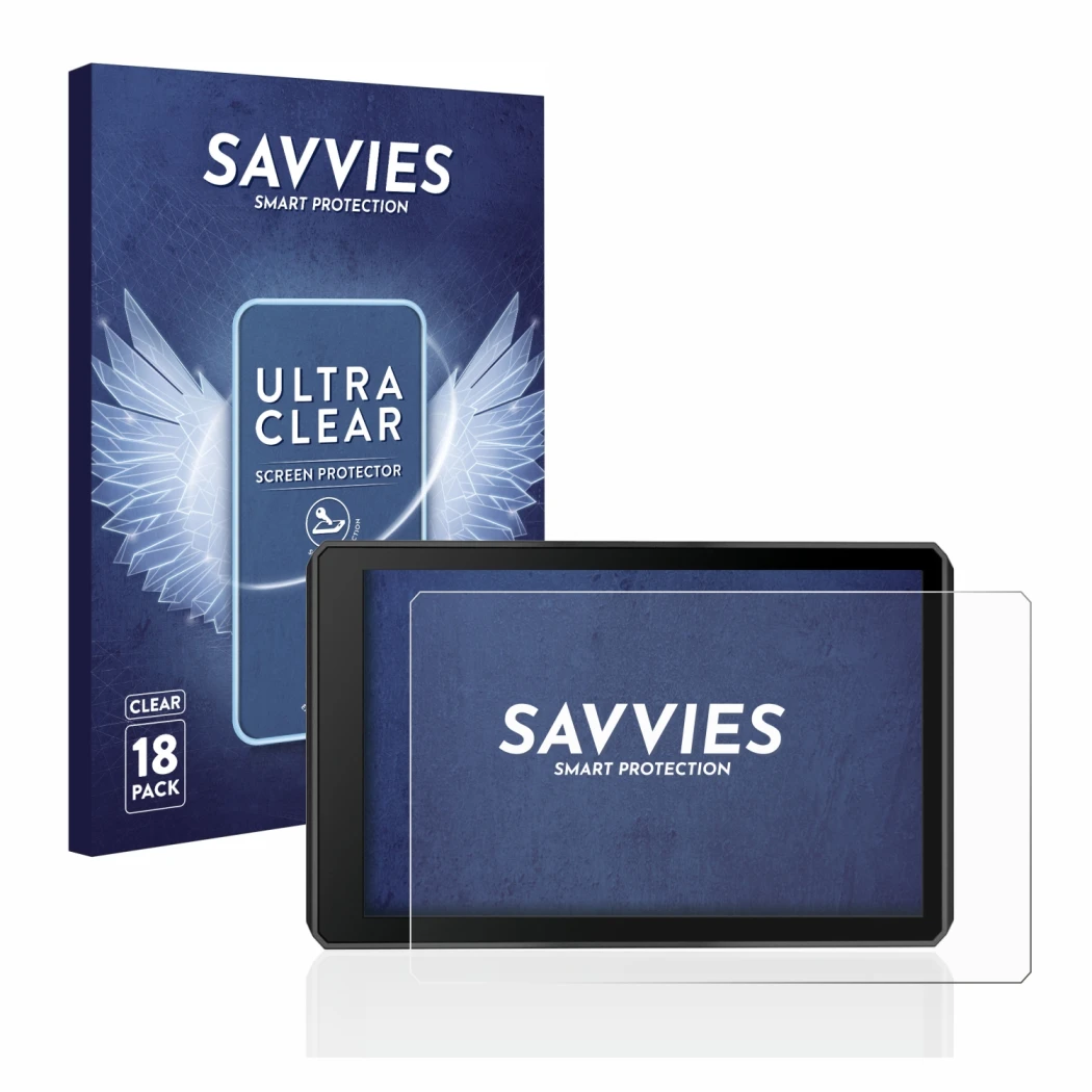 Front side of a product packaging with the brand logo Savvies. Next to it is the device Garmin zumo XT2 shown with the corresp