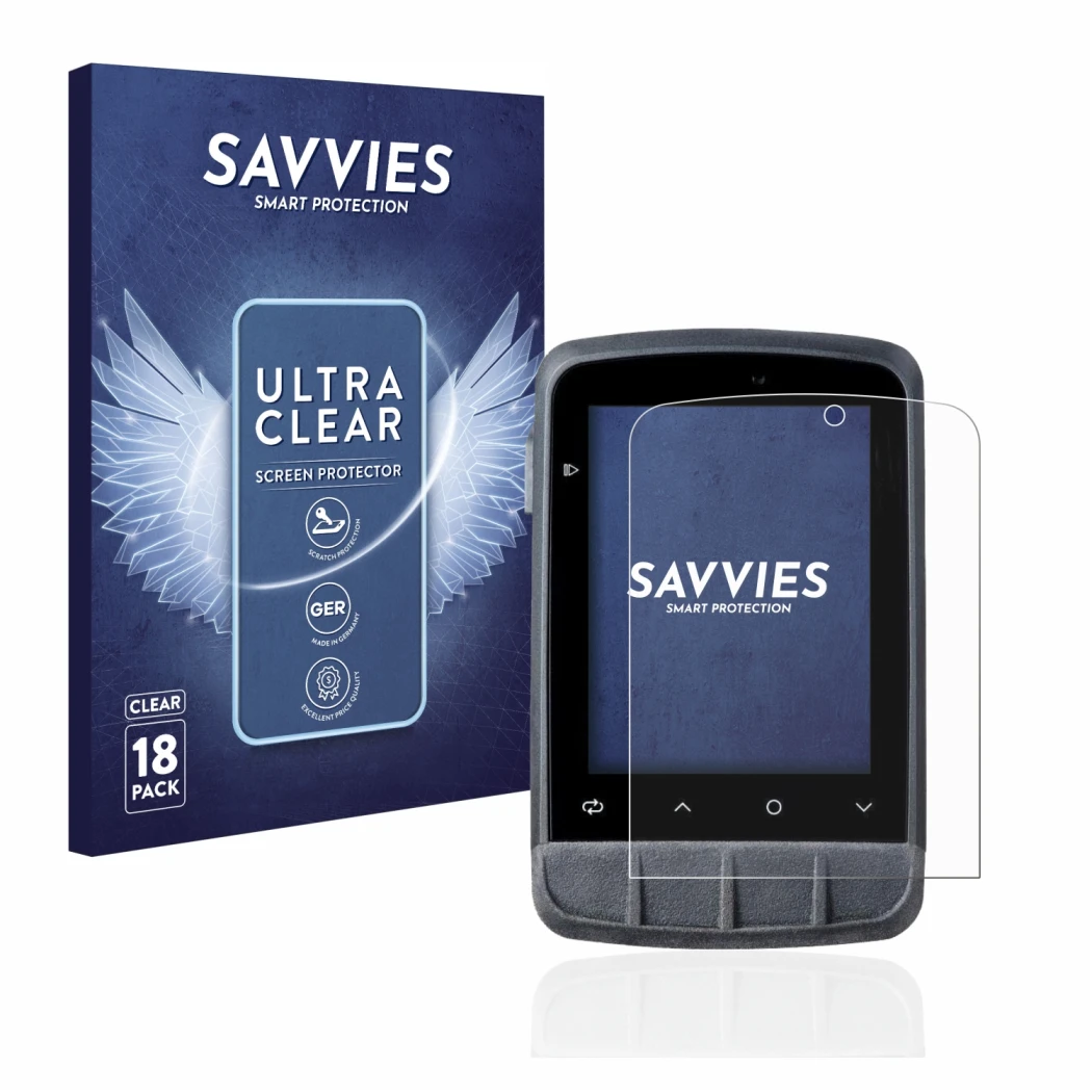 Front side of a product packaging with the brand logo Savvies. Next to it is the device Giant Dash L200 shown with the corresp