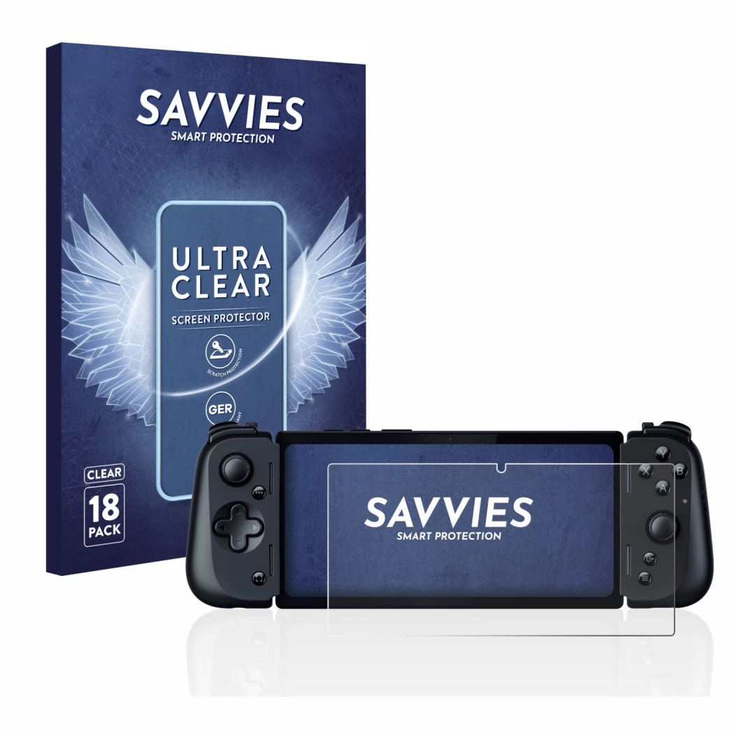 Front side of a product packaging with the brand logo Savvies. Next to it is the device Razer Edge 5G shown with the correspon