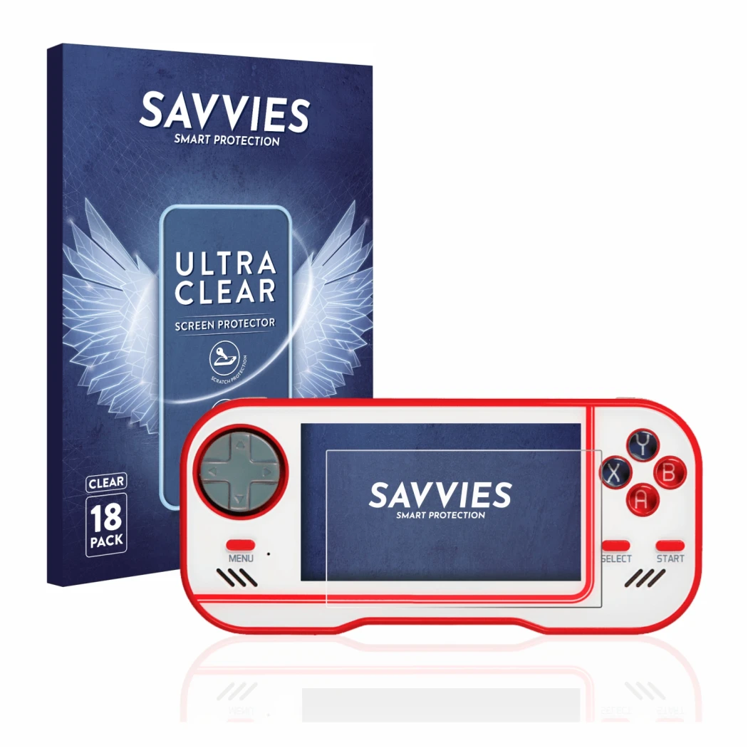 Front side of a product packaging with the brand logo Savvies. Next to it is the device Blaze Evercade shown with the correspo